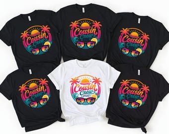 T-shirts assortis « Cousins » 2026, T-shirt vacances d'été, T-shirt famille pour un séjour à la plage, T-shirt groupe de cousins avec lunettes de soleil palmier