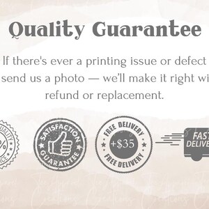 text and logos related to a quality guarantee, including a thumbs up, a free delivery guarantee, and a fast delivery guarantee.