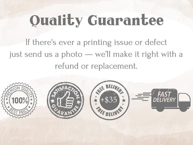 text and logos related to a quality guarantee, including a thumbs up, a free delivery guarantee, and a fast delivery guarantee.
