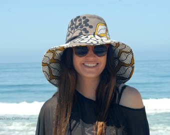 Wide Brim Sun Hat, Grey Boaters Hat, Leaf Print, Freckles California