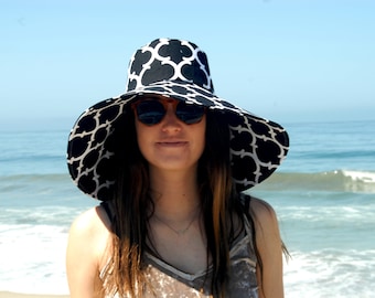 Sunhat with Chin Straps, Wide Brim Sun Hat, Black and White print, Made to Your Size, Travel Accessory, Gardening hat by Freckles California