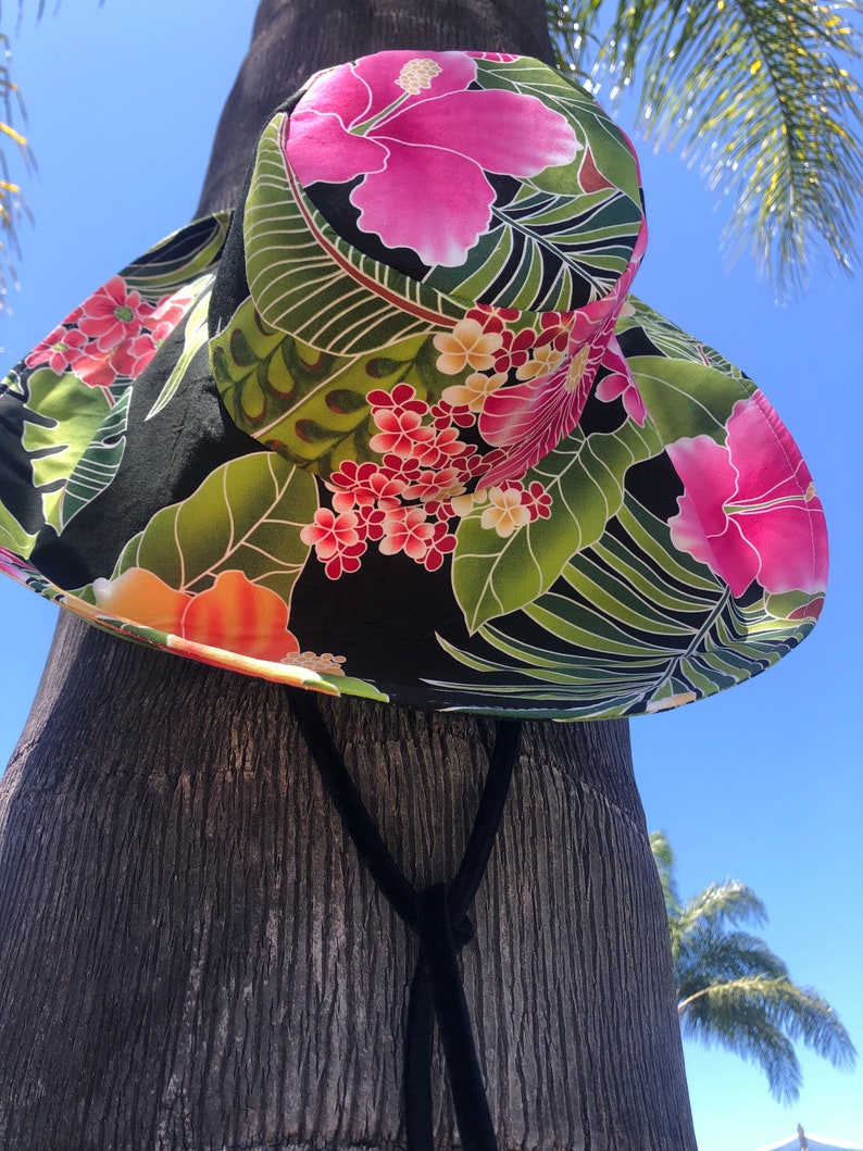 Black Floral sunhat with Ties, Vibrant pink flowers wide Brim Sun Hat, Foldable Summer Hat, Gift for Her Freckles California image 8