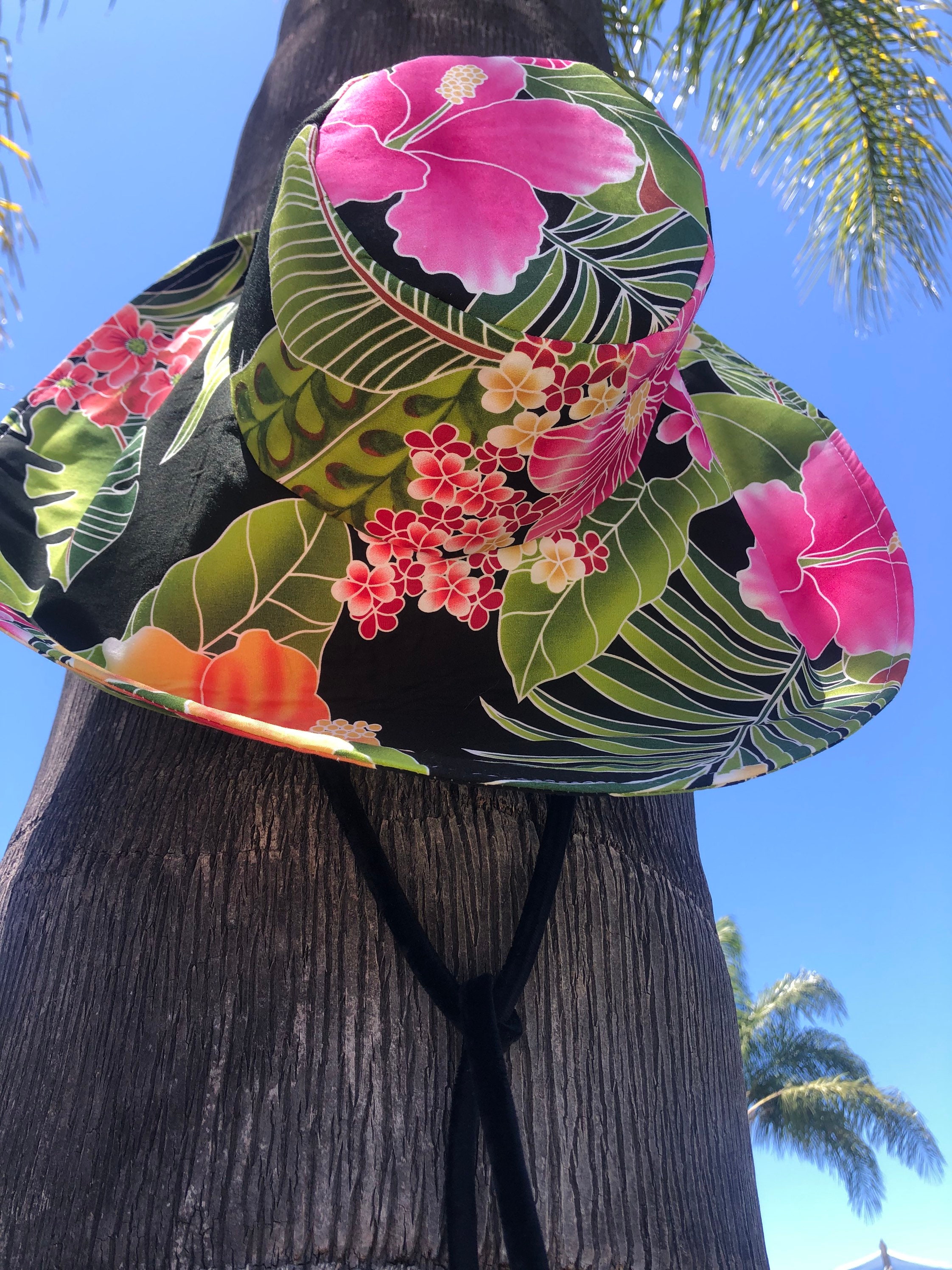 Elegant Black Wide-Brim Hat with Hot Pink Floral Accent Black Floral Sunhat, Pink Hibiscus Print, Wide Brim  main image 2