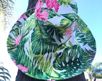 Vacation Hat, Tropical Pink and Green print, Wide brim sun hat, Summer Beach Hat, Cali Style by  Freckles California