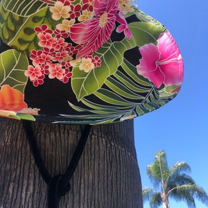 Black Floral sunhat with Ties, Vibrant pink flowers wide Brim Sun Hat, Foldable Summer Hat, Gift for Her Freckles California image 4