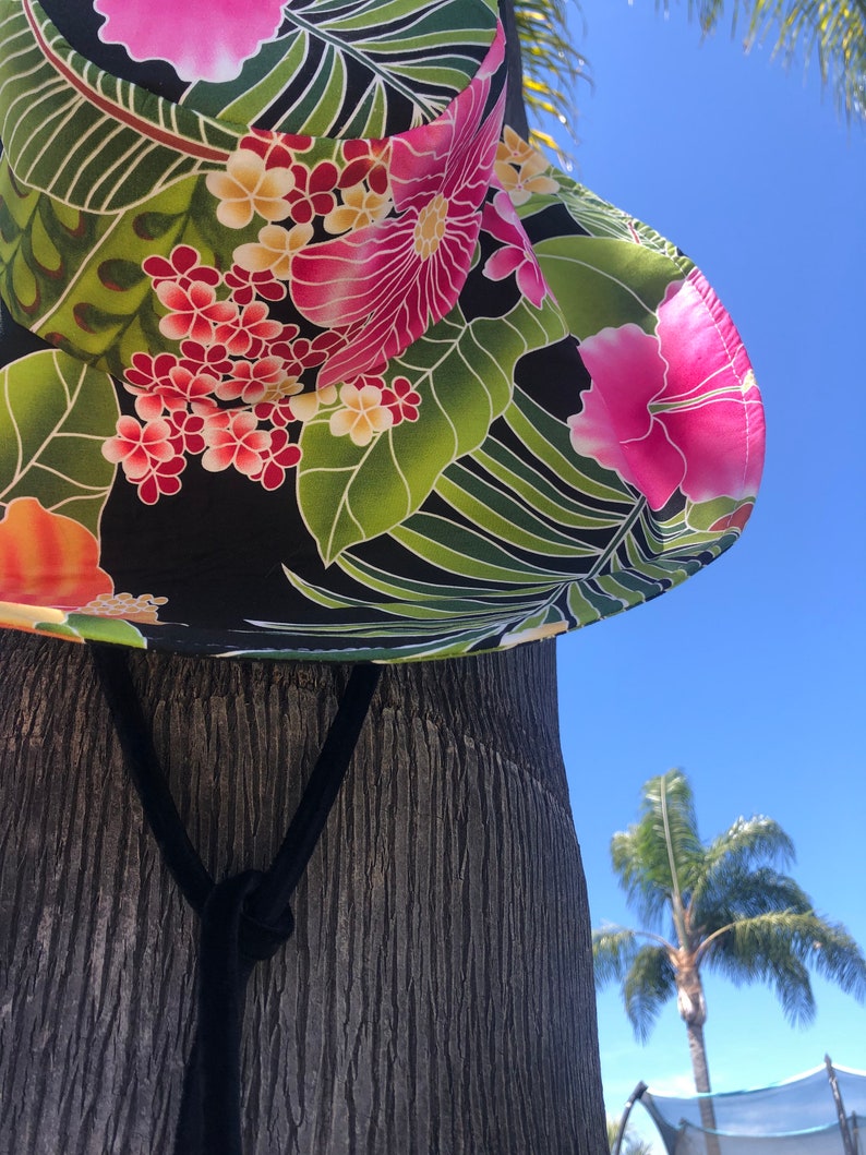 Black Floral sunhat with Ties, Vibrant pink flowers wide Brim Sun Hat, Foldable Summer Hat, Gift for Her Freckles California image 4