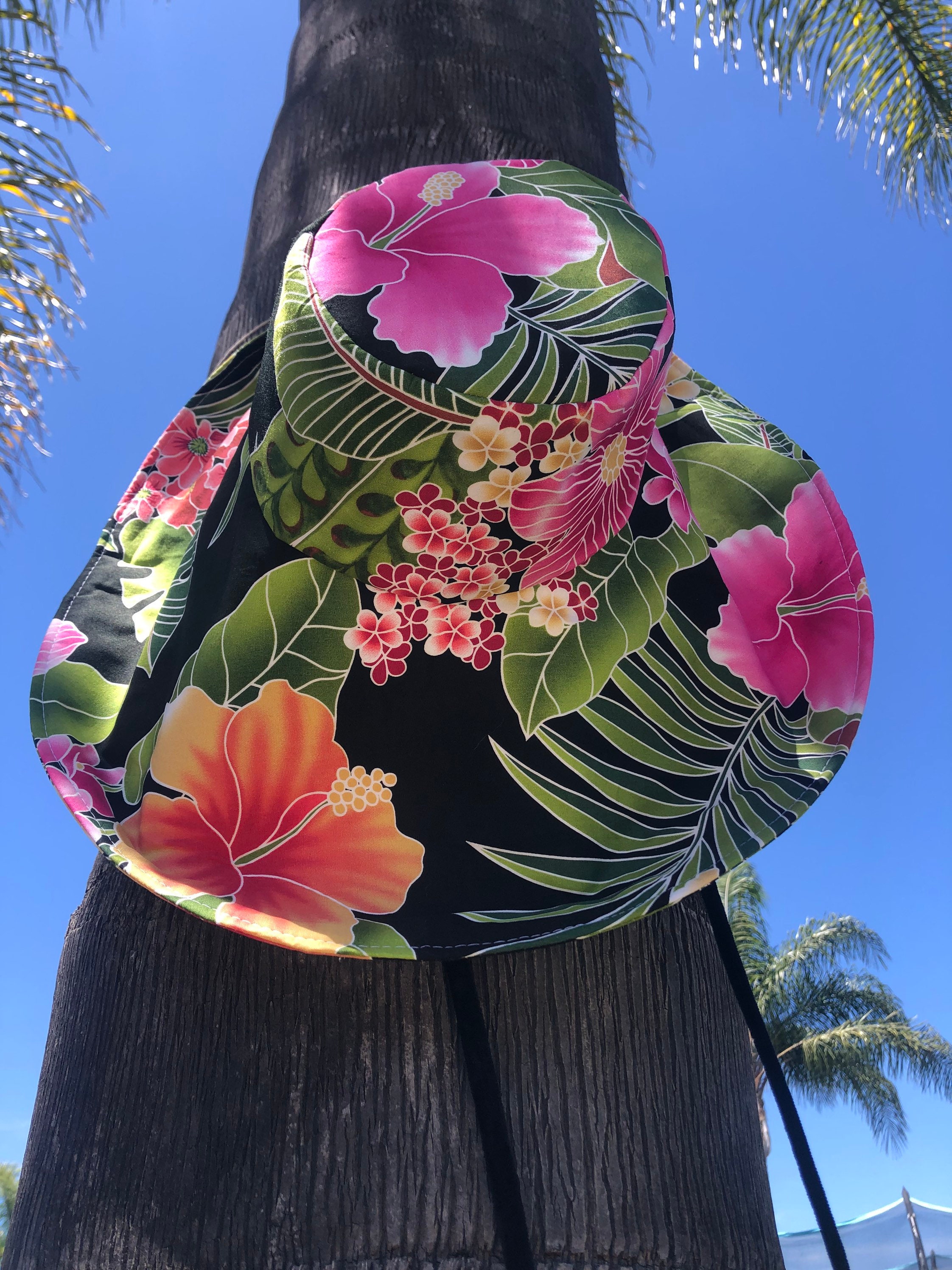 Black Floral Sunhat, Pink Hibiscus Print, Wide Brim 
