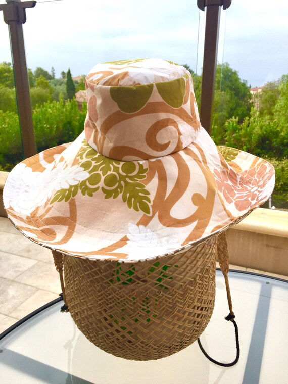 Summer Wide Brim Sun Hat Tan Hawaiian Print Hat Womens Hat