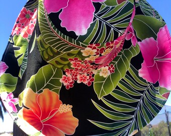 Black Floral sunhat with Ties, Vibrant pink flowers wide Brim Sun Hat, Foldable Summer Hat, Gift for Her Freckles California