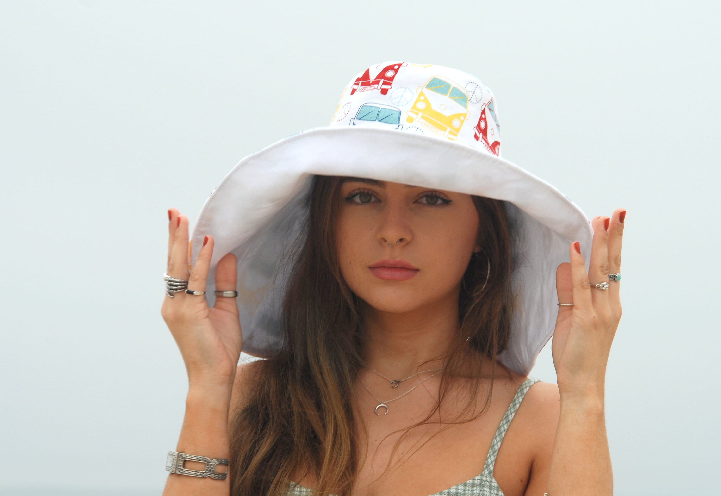 Freckles California Floral Plaid Wide Brim Sun Hat Navy Orange Retro 70s Style Floral Wide Brim Sun Hat, 70s Style, Light Blue, Freckles  main image 2