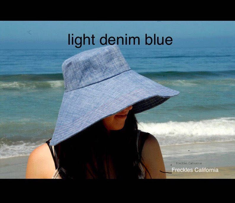 Custom Sun Hat, Wide Brim Sun Hat, Select Color and Size, Wide Brim Sun Hat for Small to Extra Large Heads by Freckles California Light denim