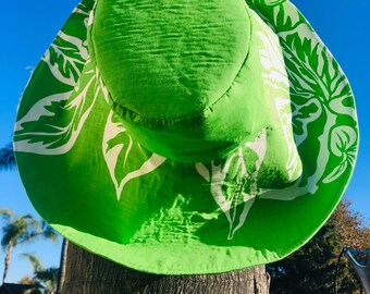 Green Wide Brim Hat in Floral print, Chartreuse Sun Hat, Eco-Friendly Sunhat, Honeymoon Hat, Gardening, Music Festival Freckles California