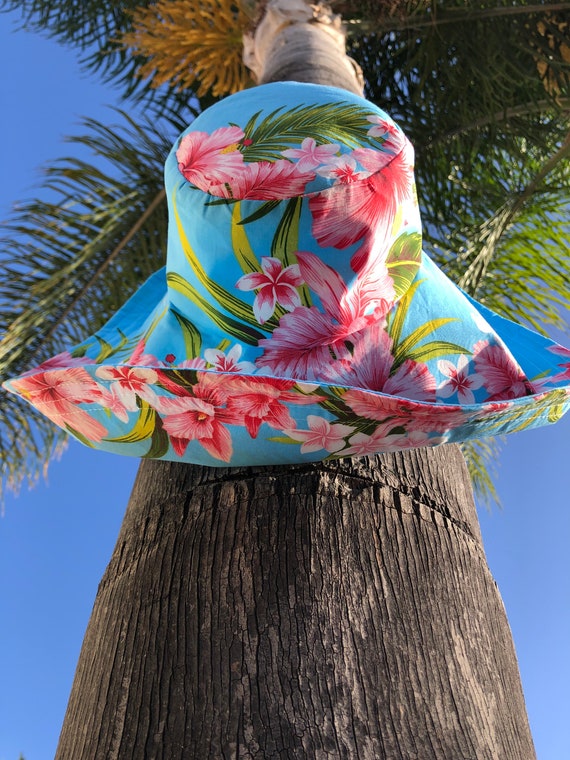 Summer Hat, Pink Floral Print in Sky Blue, Big Beach Hat, Foldable Hat for Traveling, Pretty Pool Hat, Freckles California