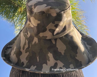 Wide Brim Sunhat in Camo, CUSTOM Hat, SELECT SIZE, Camo Hat. Boating Hat,  Gardening Hat Summer Hat  Freckles California