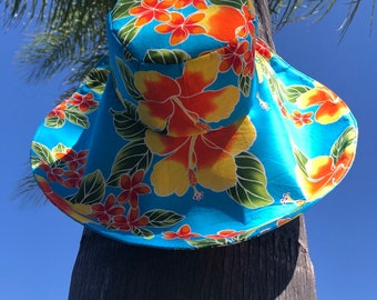 Turquoise Floral Wide Brim Sunhat, Floral print Sun Hat, Big Beach Hat, Womens Hat, Summer Sun Hat, Pool Hat Freckles California