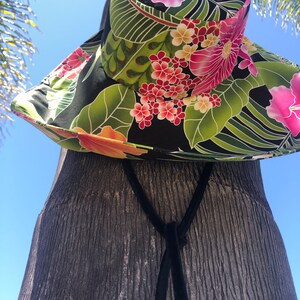 Black Floral sunhat with Ties, Vibrant pink flowers wide Brim Sun Hat, Foldable Summer Hat, Gift for Her Freckles California image 2