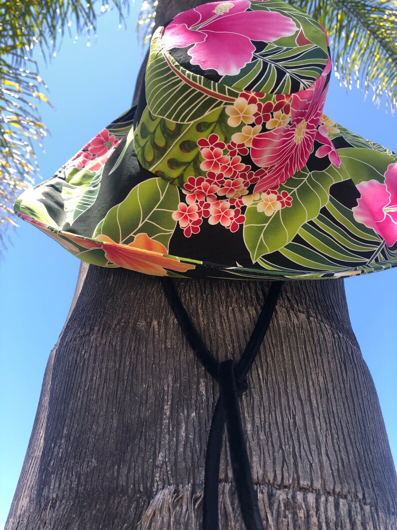 Black Floral sunhat with Ties, Vibrant pink flowers wide Brim Sun Hat, Foldable Summer Hat, Gift for Her Freckles California image 2