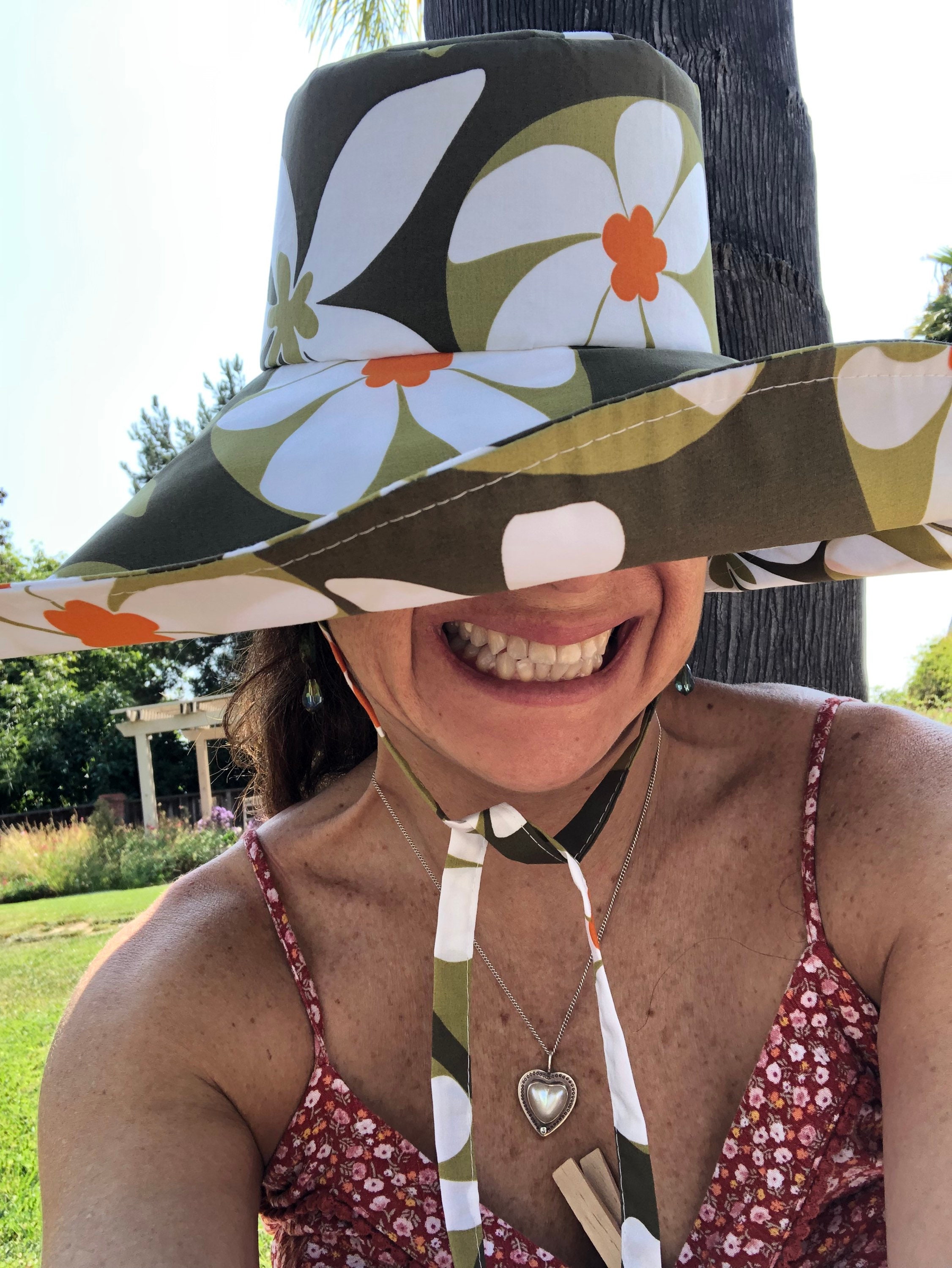 Freckles California Floral Plaid Wide Brim Sun Hat Navy Orange Retro 70s Style Retro 70s Flower Power Floral Bucket Hat - Vibrant Summer  main image 2