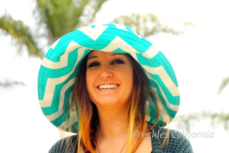 Custom Wide Brim Sun Hat, Select Your Size Wide Brim Hat, Womens Sunhat, Turquoise Beach Sun Hat Wide Brim Freckles California image 3