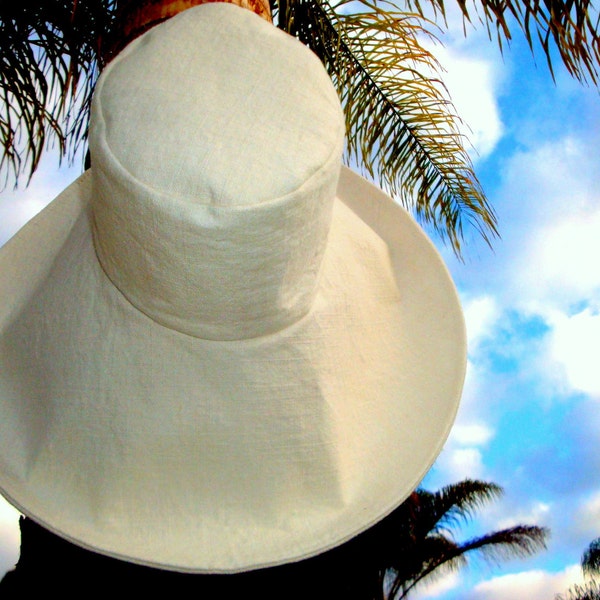 Cream Wide Brim Sun Hat in Linen, Elegant Wide Brim Sunhat, Wedding hat, CUSTOM Sun Hat Select Your Size by Freckles California