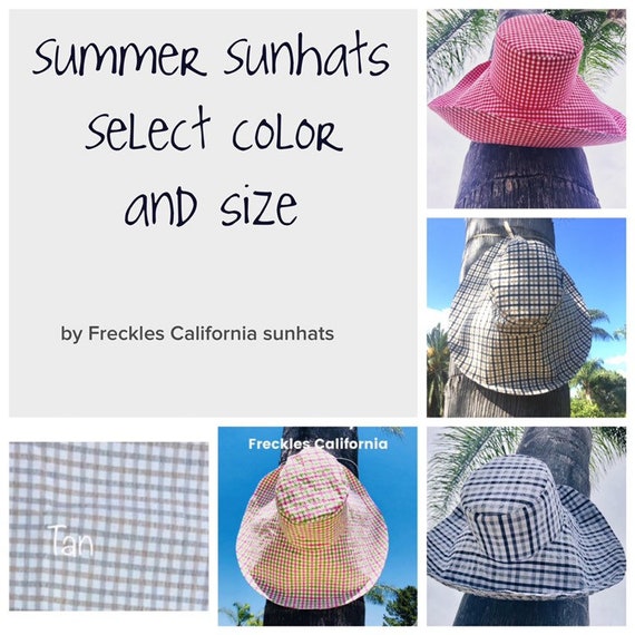 Summer Sun Hat, Gingham Wide Brim Sun Hat for Women, Hat for Large Heads,  Summer Sunhat, Foldable Travel Hat, Beach Hat Freckles California 