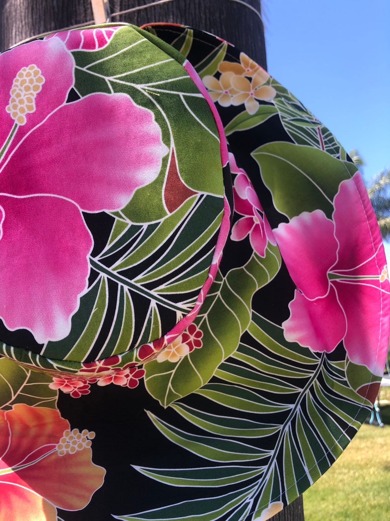 Black Floral sunhat with Ties, Vibrant pink flowers wide Brim Sun Hat, Foldable Summer Hat, Gift for Her Freckles California image 3