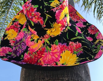 Colorful and Vibrant Wide Brim Sun Hat, Pretty Floral Print in Black,  Quality Hat, Gift for Her, Freckles California