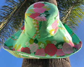 FUN and BOLD Sunhat, Pastel Mint Green, Ultra Wide Brim, Pretty Pink Floral print, Small to Large Heads, Packable, Freckles California