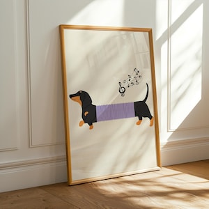 Colorful Dachshund Illustration Print, Sausage Dog Wall Art, Whimsical Teckel with accordion body Poster
