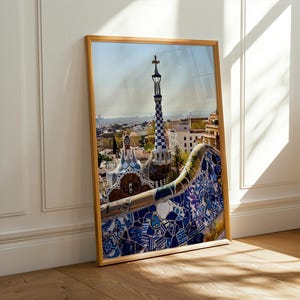 Barcelona Park Guell HD photo print, Gaudi Architecture wall art, Colorful travel poster spain decor,  Modern cityscape digital download