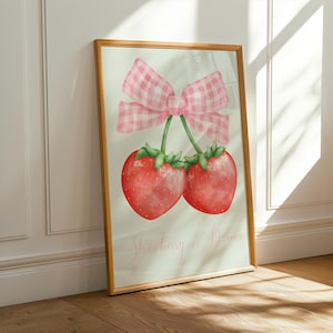 Strawberry Coquette Wall Art – Pink Bow Straberry Poster, Soft Girl Aesthetic Art, Teen Girl Room Decor, Girls Gallery Wall