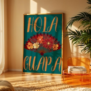 Impresión artística "Hola Guapa", póster colorido en español con diseño de abanico, decoración de entrada, decoración de verano imprimible, frase de amor en español, idea de regalo única, mensaje romántico