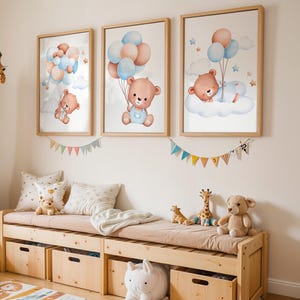 Juego de 3 carteles de pared con diseño de oso de peluche para habitación de bebé, decoración para habitación de niño, globos azules de ensueño y oso en nube.