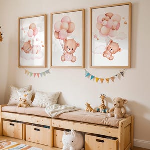 Set von 3 Teddy Bären Kinderzimmer Wand Kunst Baby Mädchen Zimmer Dekor Traum rosa Luftballons und Bär auf Wolke Drucke blau Kinderzimmer Kinderzimmer Poster Kleinkind