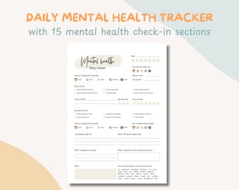 Daily Mental Health Tracker Printable Mood Journal Feelings Chart Reflection Gratitutde ADHD Anxiety Mindfullness Therapy A4/US Letter