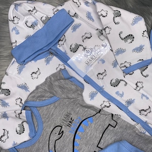 Baby Layette Set, Baby Boy, Blue, Dinosaur Embroidered Name on Bonnet Dinosaur Outfit