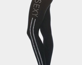 Rhinestone "SEXY" Black Leggings - One Size