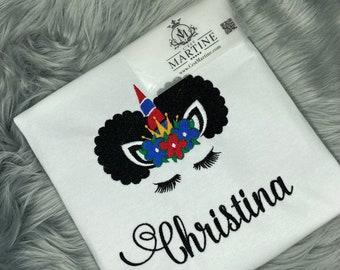 Afro Puff Unicorn Personalized Embroidered | Birthday | Girls Shirt |