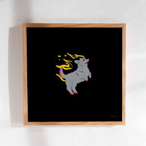 May include: A framed art print featuring a gray dog leaping against a black background. The dog has pink accents on its paws and a yellow and pink burst emanating from its back. The artwork is in a wooden frame.