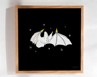 Bat Print | Party Animal, Mini Art Print, Spooky Cute Artwork, Kawaii Illustration, Animal Birthday Card, Nocturnal Animals Posters,