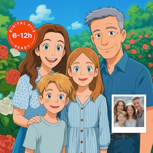 Custom Ghibli Style Cartoon Portrait from Photo • Personalized Anime Digital Print • Unique Gift for Couples, Families, Kids, Mom, Dad, Pets