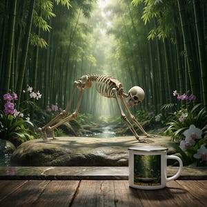 May include: A white ceramic mug with a silver rim featuring a printed graphic of a human skeleton performing a yoga pose in a bamboo forest. The text on the mug reads YOGA and BREATHE MURDER IS ANAMAMA in a clear, legible font against the background.