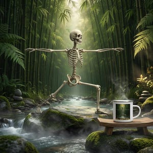 May include: A white ceramic mug with a silver rim, featuring a graphic of a skeleton in a yoga pose. The mug sits on a small wooden stand. The graphic on the mug depicts the same skeleton performing a yoga pose in a bamboo forest setting.