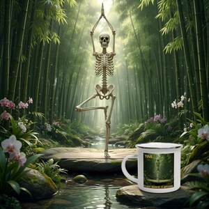 May include: A white enamel mug featuring a graphic of a human skeleton performing a yoga tree pose in a bamboo forest. The text on the mug reads "YOGA BECAUSE MURDER IS WRONG" in black lettering. The mug has a silver rim and a curved handle.