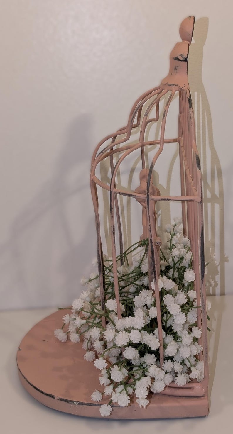 Vintage Metal Wire Bird Cage Rustic Shabby Chic Pink With White Flowers ...