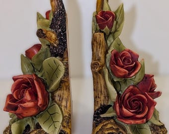 Vintage Eames Red Rose Bookends | Resin Sculpture Home Decor | Signed RARE MCM