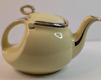 Vintage 1930s Hall Streamline Teapot Canary Yellow Platinum Trim Accents - 6cup