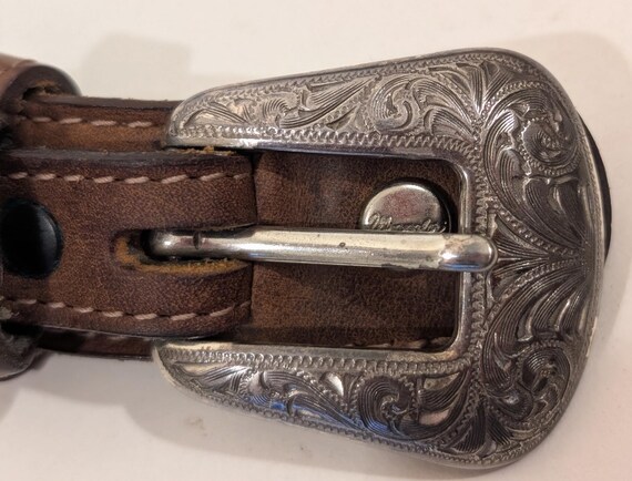 Vintage Wrangler Leather Belt Silver Tone Concho Scrollwork  display picture 1