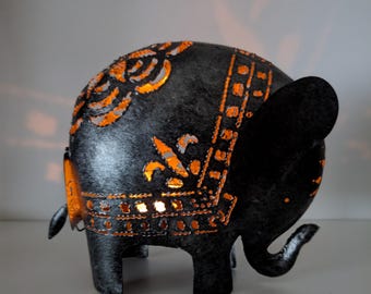 Pierced Metal Elephant Candle Holder Votive Tealight Lantern Gray 1990s Boho