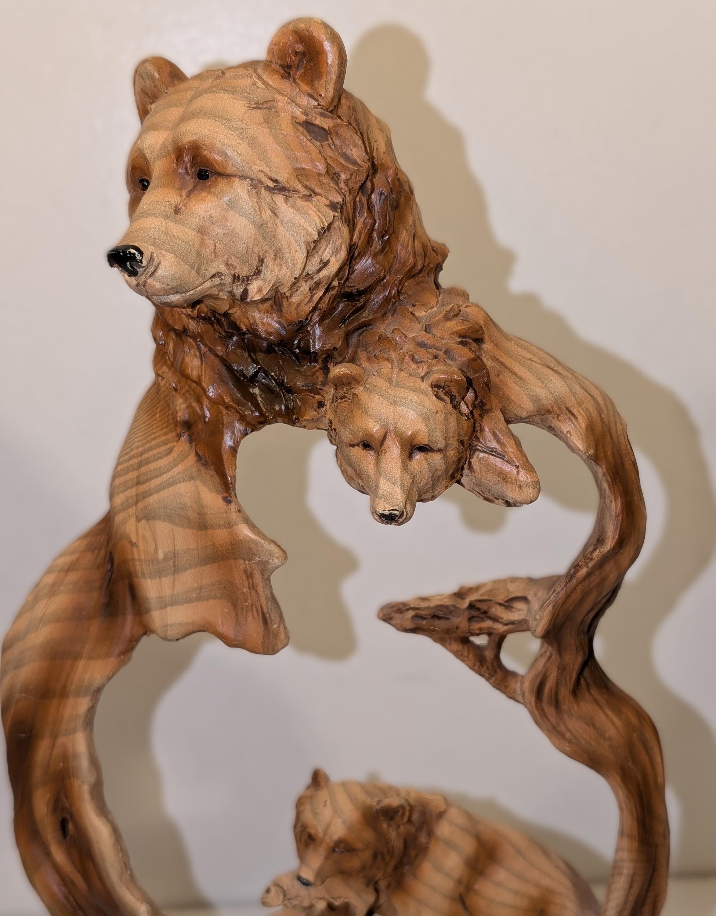 Grizzly Bears & Cub Bear with Fish Sculpture Wood Like Carving Resin Rustic Wildlife Cabin Decor - 12”H